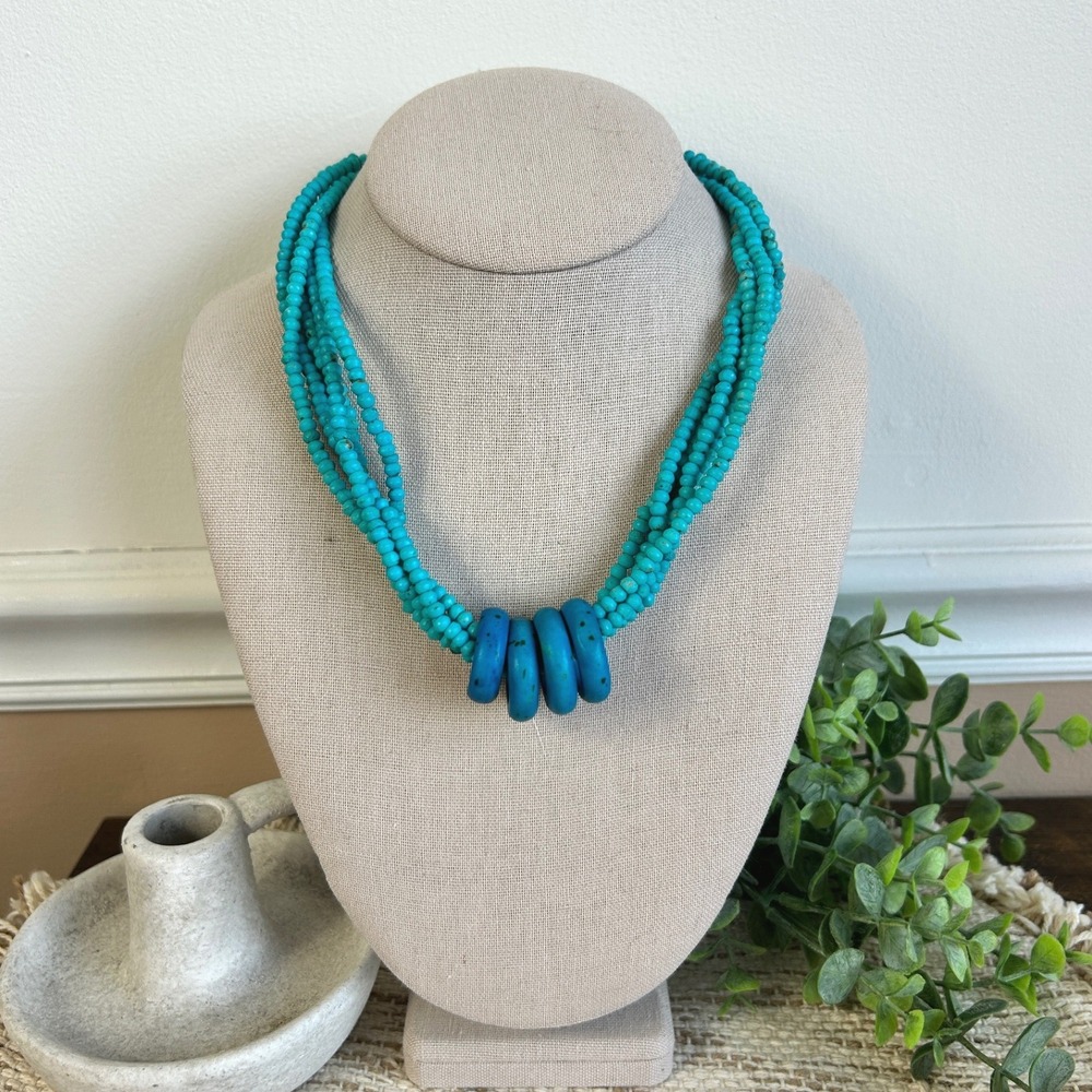 Turquoise Blue Multi Strand Beaded Statement Necklace Boho Southwestern Bead